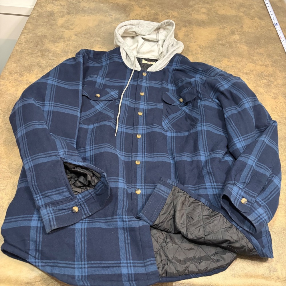 Wrangler Hooded Shirt Jacket Mens 2XL Blue Plaid Quilted Flannel 10ZHEEPON